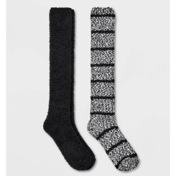 Women's Striped 2pk Cozy Knee High Socks Black 4-10 - Picture 1 of 5